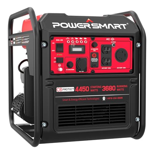 PowerSmart 4450W Open Frame Portable Inverter Generator, Gas Powered, CO-Sensor, Parallel Capable, Lightweight & Quiet for Home Backup Emergency Use, Camping EPA Compliant