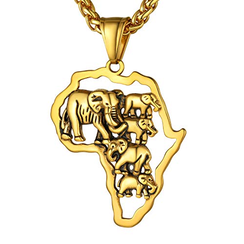 3D Afrika Karte Anhänger aus Edelstahl 5 3D-Elephanten Aushöhlen Afrika Karten Anhänger für Retro Amulett Bling Afrika Landekarte Anhänger mit 56cm+5cm Kette in Gold für Freund Paare Familie Cover