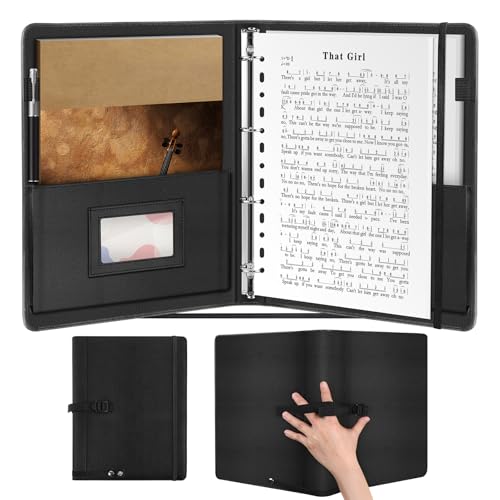 Irich Groß Notenmappe aus Dickem Kunstleder 30 Fächer/60 Seiten A4 Notenmappe für Notenblätter 4 Ring Schwarz Kunstleder Chormappe mit Handgurt Music Sheet Chormappe Füllmenge max. 220 Blatt