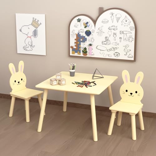 Image of Wood Table & Chairs 3 Pieces Set, Boys Girls Activity Table w / 2 Animal Shaped Chairs, Solid Wood Legs, Safe Rounded Corners, Playroom Furniture for Boys & Girls Activity Dining Drawing Craft.