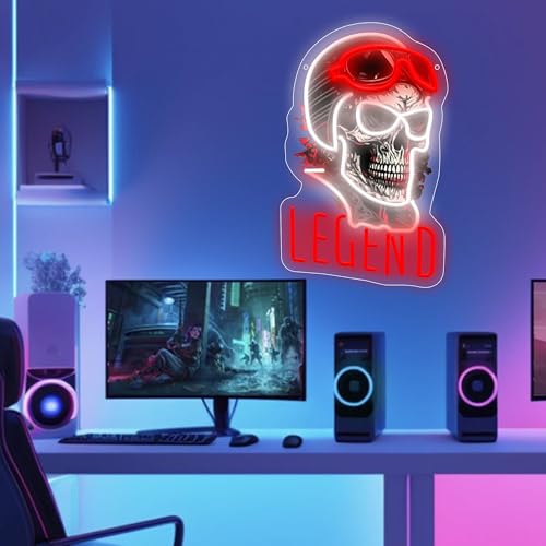 Image of Skull & Helm LED Neon Sign USB Powered for Wall Decor,Rogue Rider Legend Neon Night Light Sign Dimmable for Boys Room Party Decor Halloween Birthday Gifts