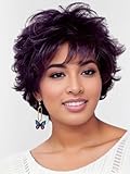 TISHINING Short Purple Pixie Cut Wigs for White Women with Bangs Layered Ombre Purple Mixed Black Curly Wig Natural Looking Synthetic Short Hair Wigs for Cosplay Party Use