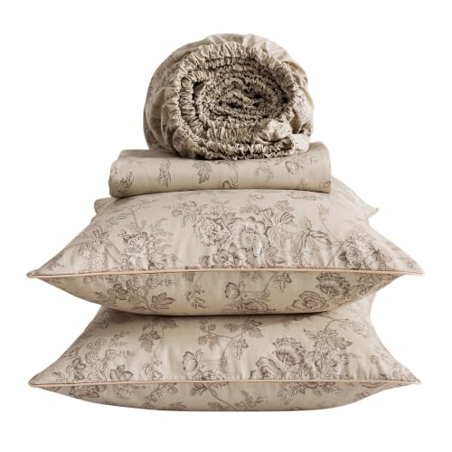 Image of Vintage Beige Floral Percale Bed Sheets Full Size Deep Pocket 4Pcs | 100% Cotton Shabby Chic Toile Sheet Set, Neutral Pattern Farmhouse Sheets, Luxury Designer Bedding, Brown Flower, Soft Crisp