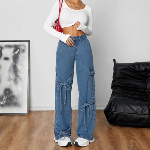 LAFOURAM Bow Jeans for Women High Waisted Straight Leg Baggy Y2K Cute Bow Tie Cargo Deim Pants3