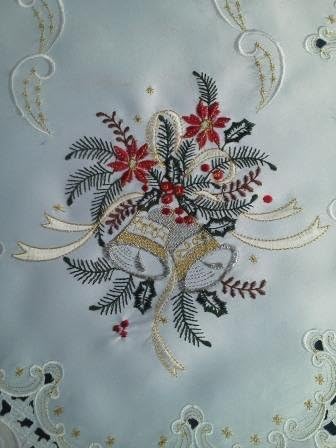 Christmas Table Runner Embroidered with Silver Bells on White Material, Size 60 x 15 inches