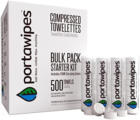 Portawipes Compressed Toilet Paper Tablet Coin Tissues - 500 Bulk Starter Pack with 4 Carrying Cases