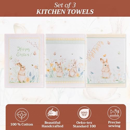 Maison d' Hermine Kitchen Towels Set of 3 100% Cotton 27.50" x 20" Reusable Cloth Tea Dish Towels Absorbent with Hanging Loop for Kitchen Valentines Day Decorations Spring/Summer (Easter Dew)