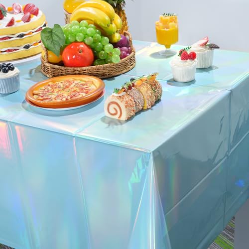 Image of 3 Pack Iridescent Light Blue Tablecloth for Parties, Pastel Blue Holographic Plastic Table Cover, Disposable Laser Baby Blue Table Cloth for Birthday Wedding Baby Shower Party Decorations, 54x108 Inch