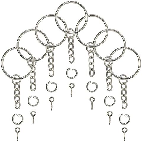 Split Key Ring with Chain, Open Jump Ring and Screw Eye Pins 1 Inch Key Chain Nickel Plated Silver 120pcs Bulk for Crafts Cover