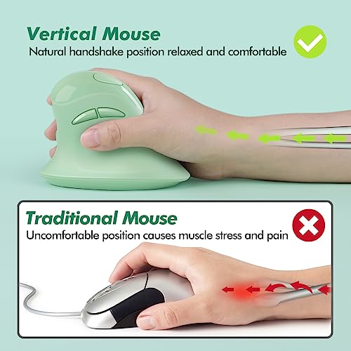 Image of MicroPack Ergonomic Vertical Wireless Mouse, Silent Cordless Mouse with USB-A & Type-C Receiver, 800 /1200 /1600 DPI, 6 Buttons, Reduces Wrist Strain for Windows, Mac, PC & Laptop Green