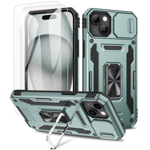 Coque iPhone 15 anti-rayure et anti-chute avec cache objectif photo et béquille verte