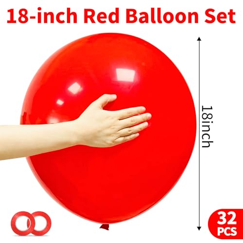 Image of 32Pcs Red Big Balloons 18 Inch, Round Large Latex Party Balloons for Birthday Wedding Decorations. (red)
