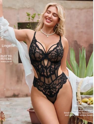 Image of Avidlove Sexy Lingerie for Women Lace Bodysuit Cut Out Snap Crotch Teddy | Seductive floral lace teddy, adjustable straps, scalloped edge, side cutouts, romantic date night wear