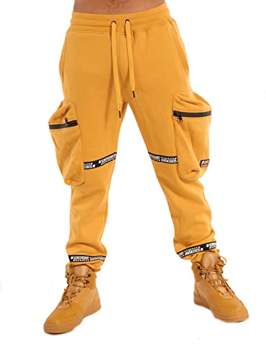 SCREENSHOT-P11266 Mens Urban Hip Hop Premium Streetwear Fleece Bottoms - Street Tactical Functional Cargo Pockets Utility Fashion Sweatpants-Timber-Medium