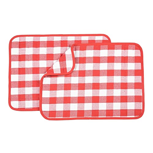 Image of Dish Drying Mat for Kitchen Utensils, Reversible Absorbant Cotton Checks Drying Mats, Washable, Counter top Cushion Pad Tableware, 46x61 Cms Red by Lushomes (18x24 Inches, Set of 2)