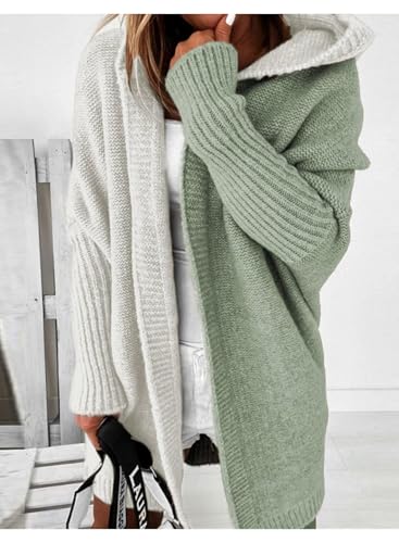 كاستويف سويتر كارديجان طويل بغطاء للراس للنساء بتصميم مخطط بالوان متباينة، سترة كارديجان طويلة محبوكة كبيرة الحجم للخروج