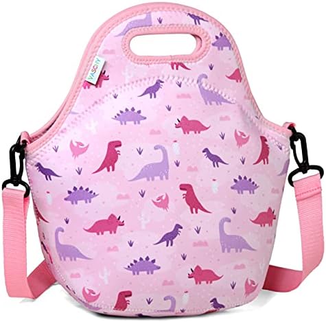 VASCHY Lunch Bag for Girls, Neoprene Lightweight Lunch Box Bag for Toddler Girls to School Daycare Kindergarten Children with Detachable Shoulder Strap (Pink Dinosaur)