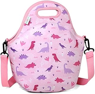 VASCHY Lunch Bag for Girls, Neoprene Lightweight Lunch Box Bag for Toddler Girls to School Daycare Kindergarten Children with Detachable Shoulder Strap (Pink Dinosaur)
