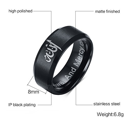 Mens Black Stainless Steel Allah Ring Band for Arabic Islamic Muslim Prayer,Size 6-13