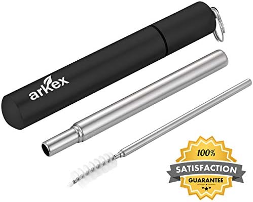 Reusable Collapsible Straw FULL SET | Telescopic Portable Straws with Included Metal Case & 1 Cleaning Brush | Rustproof Eco-Friendly Stainless Steel Folding Straw with Keychain - By Arkex (Black)
