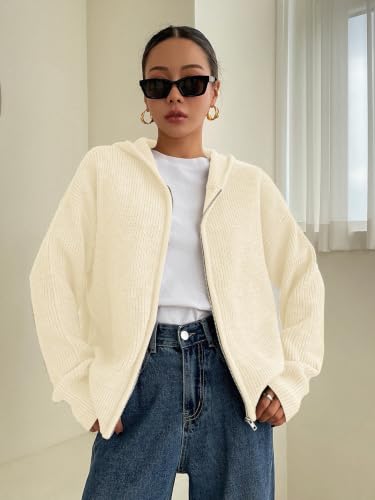 Image of SOLY HUX Zip Up Cardigan for Women Hooded Cardigan Sweater Knitted Drop Shoulder Fall Clothes Winter Hoodies Outerwear