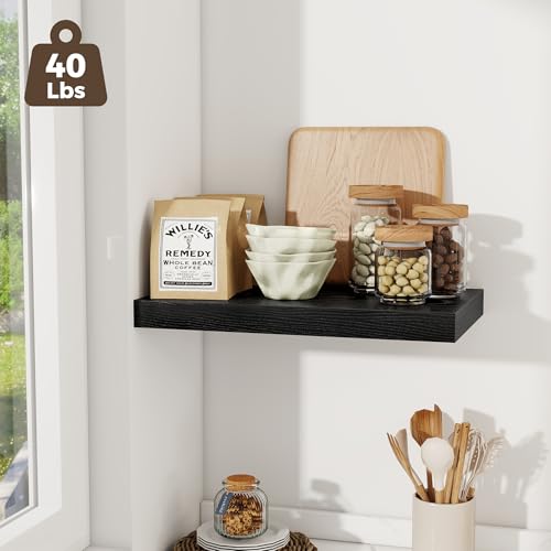Image of Fun Memories 12 Inch Deep Floating Shelves for Wall, 20 Inch Long Wall Mounted Storage Shelf with Invisible Brackets, 2 Pack Hanging Wood Shelf for Farmhouse, Bedroom, Kitchen, Living Room, Black