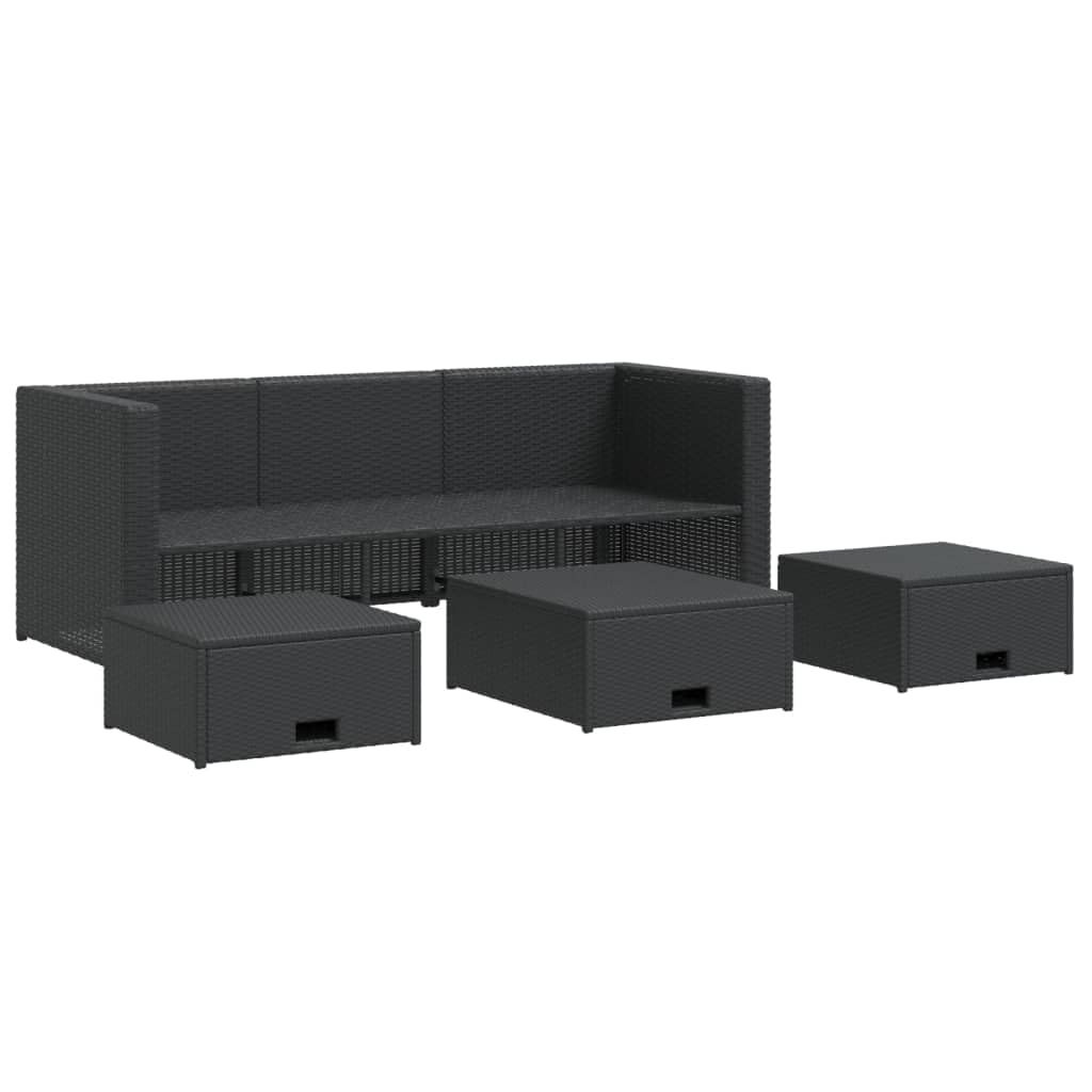 Juego de 4 muebles de jardín de polirratán, sofá de 3 plazas, mesa y 2 taburetes, cojines color blanco crema, ahorro de espacio