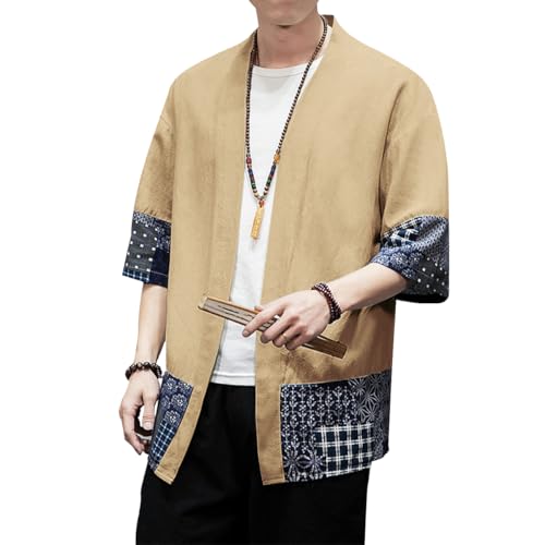 Image of PRIJOUHE Men's Kimono Jackets Cardigan Lightweight Casual Cotton Blends Linen Seven Sleeves Open Front Coat Outwear
