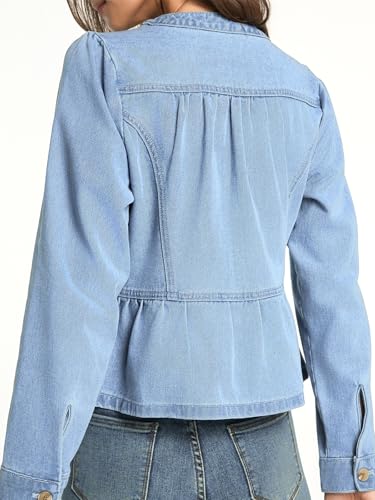 Jean Jacket for Women Peplum Hem Puff Long Sleeve Button Down Collarless Round Neck Denim Jacket Top3