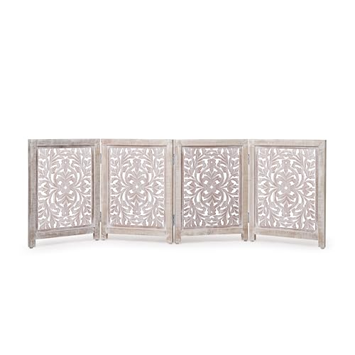 Lightnpro 4-Panel Carved Wooden Dog Gate with Stopper – 72 Inch Extra-Wide Foldable Freestanding Pet Barrier, White Wash Indoor Safety Fence for Small Dogs & Puppies – 24x18 Inch Panels