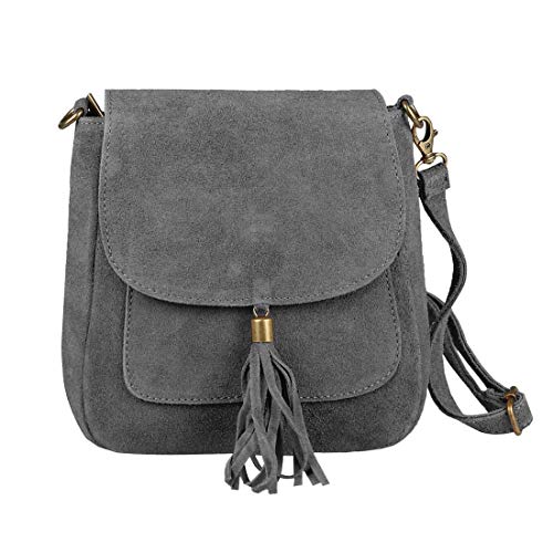 Made in Italy Damen Leder Tasche Messenger Bag Henkeltasche Wildleder Handtasche Umhängetasche Ledertasche Schultertasche Beuteltasche Fransen Cross-Over Dunkelgrau