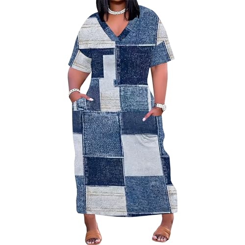 Image of SUZONANA Plus Size Denim Print Shirt Maxi Dresses for Curvy Women Casual Blue Jean Summer Outfits Long Short Sleeve Dress with Pockets Patchwork XL