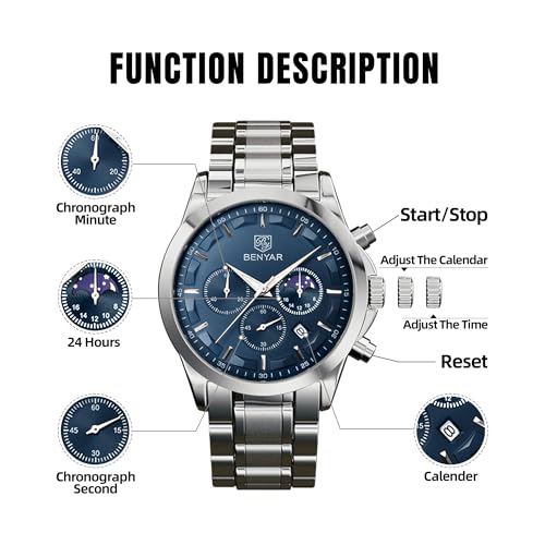 BENYAR Stylish Mens Watch Chronograph Quartz Movement Business Sport Design 3ATM Waterproof Elegant Gift for Men