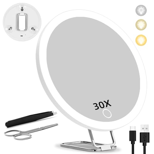 鏡 拡大鏡 メイク 30倍 ライト付きミラー 化粧鏡 360°調整可能なブランケット付き 卓上鏡 ３光色 無段階調光 USB充電式 コンパクト 収納便利 持ち運び便利 【卓上ミラー/手鏡/吊り下げ式ミラー 3in1】 ピンセットと鼻毛ハサミ (ホワイト 30X)