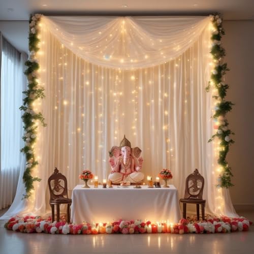Abhaas Ganpati Decoration Items | Pooja Room Decor Items | Backdrop for Haldi Ceremony with Net Curtains and LED Lights for Decoration (Mari Hanging+NET)
