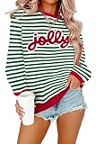 ZTLUOGF Christmas Sweatshirts For Women Jolly Glitter Patch Crewneck Sweatshirt Xmas Long Sleeve Striped Pullover Top Green