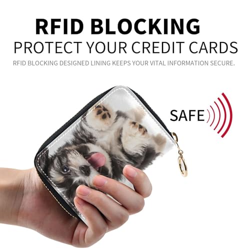 9 Credit Card Slots & 2 Cash Slots Leather Wallet Women Zip Around Zipper Travel Wallet with Key Ring Black White Dog Puppy2