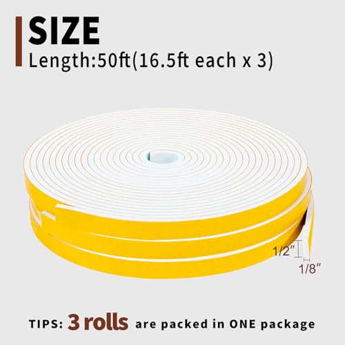Image of Yotache White Windows Doors Insulation Seal Tape 3 Rolls 1 /2 inch x1 /8 inch | Adhesive Foam Gasket for Weather Stripping, Cabinet Door Frame, Total 50 Feet Long (3 X 16.5 Ft Each)
