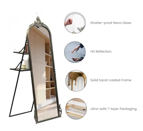 Image of Full Length Mirror with Ornate Frame Tall Standing Floor Mirror for Bedroom, Dressing Room & Living Room (Vintage Brass (with Stand))