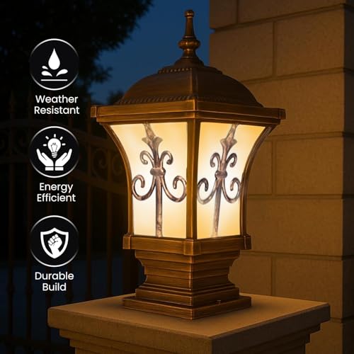 Image of GIGAWATTS ‎TRISHUL Outdoor Gate Light - 101% Rust & Waterproof Die-Casting Aluminium Exterior Piller Lamp Base Mount for Garden, Boundary Walls & Home Entrances (B22 Holder, Bulb Not Included, Gold)