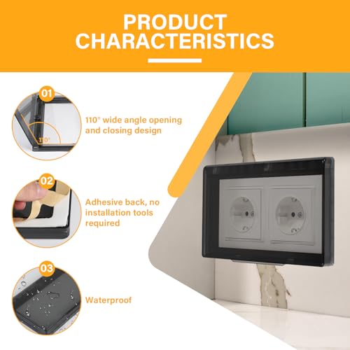 CPROSP 1 Stück Schalter Abdeckung Steckdosenabdeckung, Typ 86 Flip, 2 Fach Wasserdichte Steckdosenabdeckung, Geeignet für Küche, Bad, Außenbereich, Schwarz