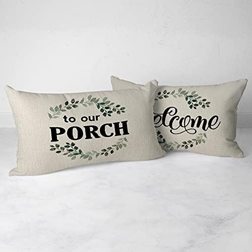 Welcome To Our Porch Linen Throw Pillow Case, 20 X 12 Inch Set Of 2, Farmhouse Porch Bench Gift,Welcome Lumbar Decorative, Porch Decor Cushion Cover For Sofa Couch Bed #TOP1