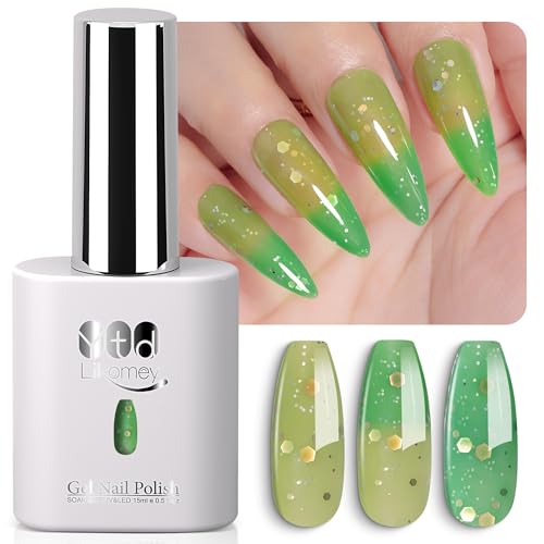 YTD Likomey Color Changing Gel Nail Polish,15ml Grass Green To Bright Green Shimmer Glitter Mood Temperature UV Gel,Fall Winter Yellow Thermal Ombre UV Color Nail Varnish,HEMA Free WB432