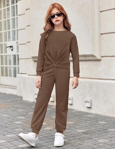 Image of Arshiner Girls 2 Piece Outfits Fashion Twist Front Tracksuit Long Sleeve Pullover Sweatshirt Sweatpants Jogger set Sweatsuit