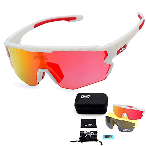 Gafas de Sol Deportivas Gafas Ciclismo Polarizadas con 3 Lentes Intercambiables Antivaho Antireflejo Anti Viento y UV Adaptadas a Deporte Carrera Running Bicicleta para Hombre y Mujer(Blanco / rojo)