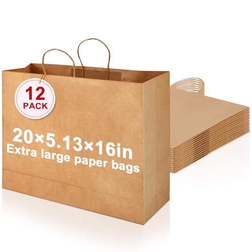 Maitys 12 Pack 20 x 16 x 5 Inch Extra Large Brown Paper Bags with Handles