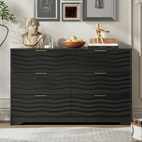 MALOL Coastline Fluted 6 Drawers Dresser for Bedroom, 48" Wide Modern Chest of TV Stand Organizers with Metal Handle, Storage Wooden Dresser Drawer for Living Room, Hallway, Closet, Black Wood