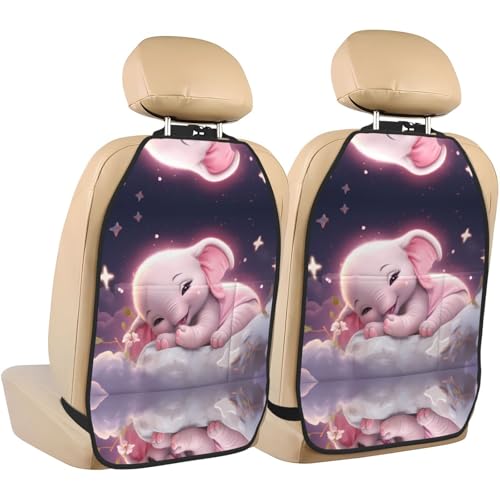 WZYWHJ Cute Baby Elephant Sleeping Pink Moon Printing Car seat Anti Kick Storage pad 2 Pieces, Multi-Functional Storage Bag seat Protector After Installation