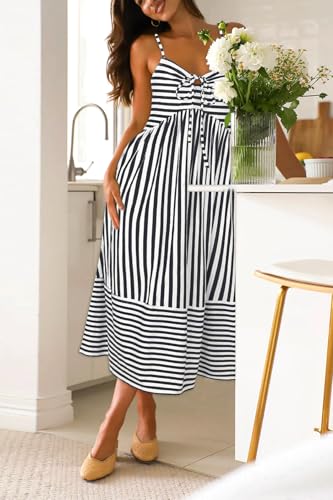 Image of Fashionme Womens Summer Maxi Dresses 2026 Trendy Striped Vacation Boho Beach Spaghetti Strap Sundress Back Tie with Pockets