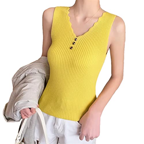 Débardeur en tricot col en V ample et léger jaune XL
